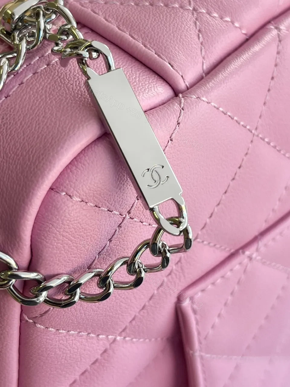 View 8 of Pink Quilted Handbag with Logo Hardware, Compact Classic Style