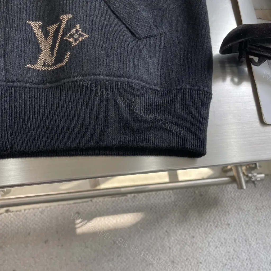 View 3 of Black Zip Hoodie Jacket - Luxury LV-Inspired Accent, Black, Cotton Blend, Modern, Everyday Wear