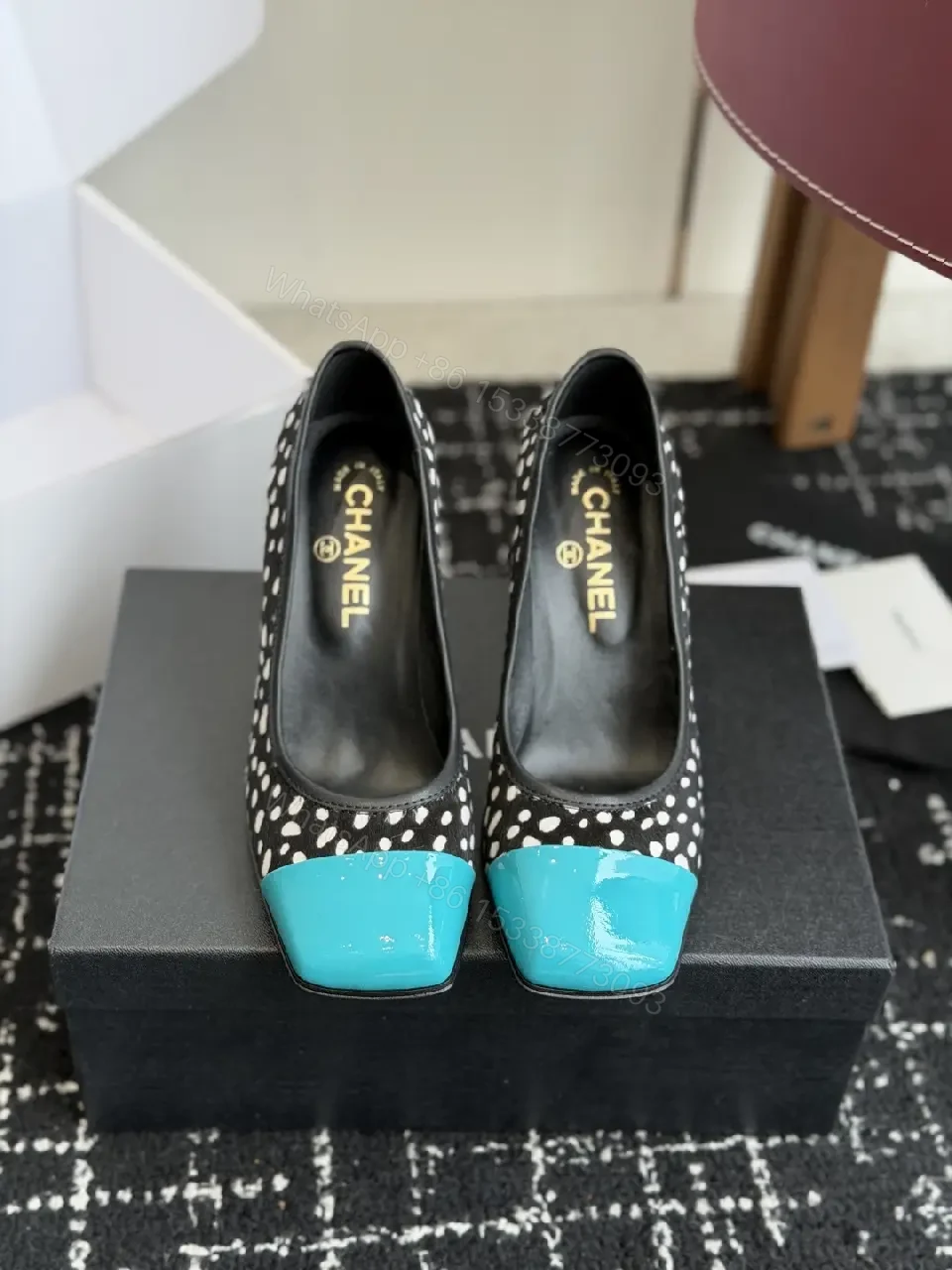 View 10 of Black/White Polka Dot Heels with Turquoise Cap Toe, Block Heel Style, Chanel-inspired, Pump