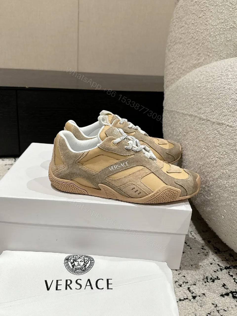 View 4 of Beige Suede-Mesh Low-Top Luxury Sneakers with Sculpted Details
