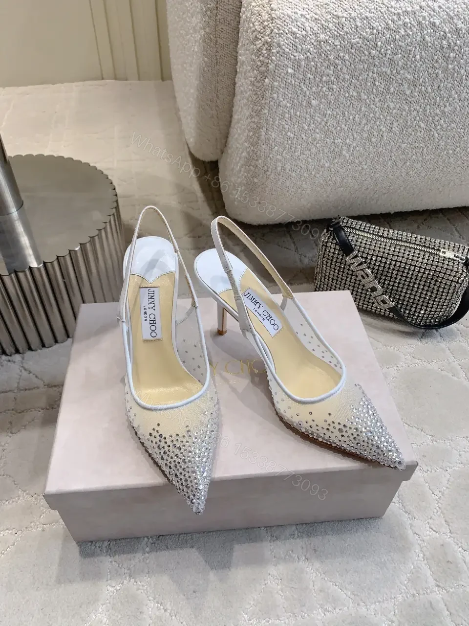 View 4 of Crystal-Embellished Pointed-Toe Slingbacks - Elegant Glam Heels