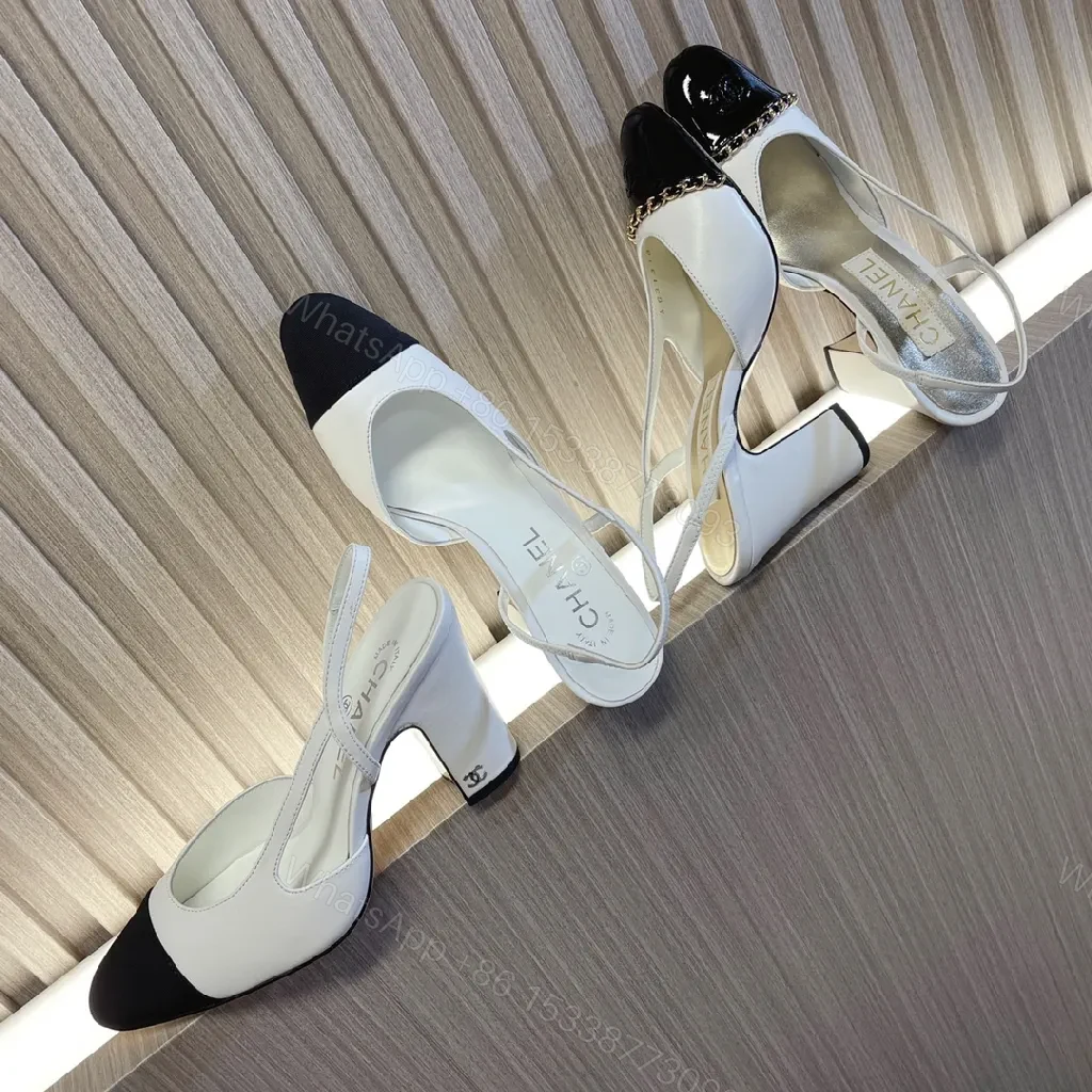 View 2 of Textured Leather Sling-Back Pumps with Chain Detailing