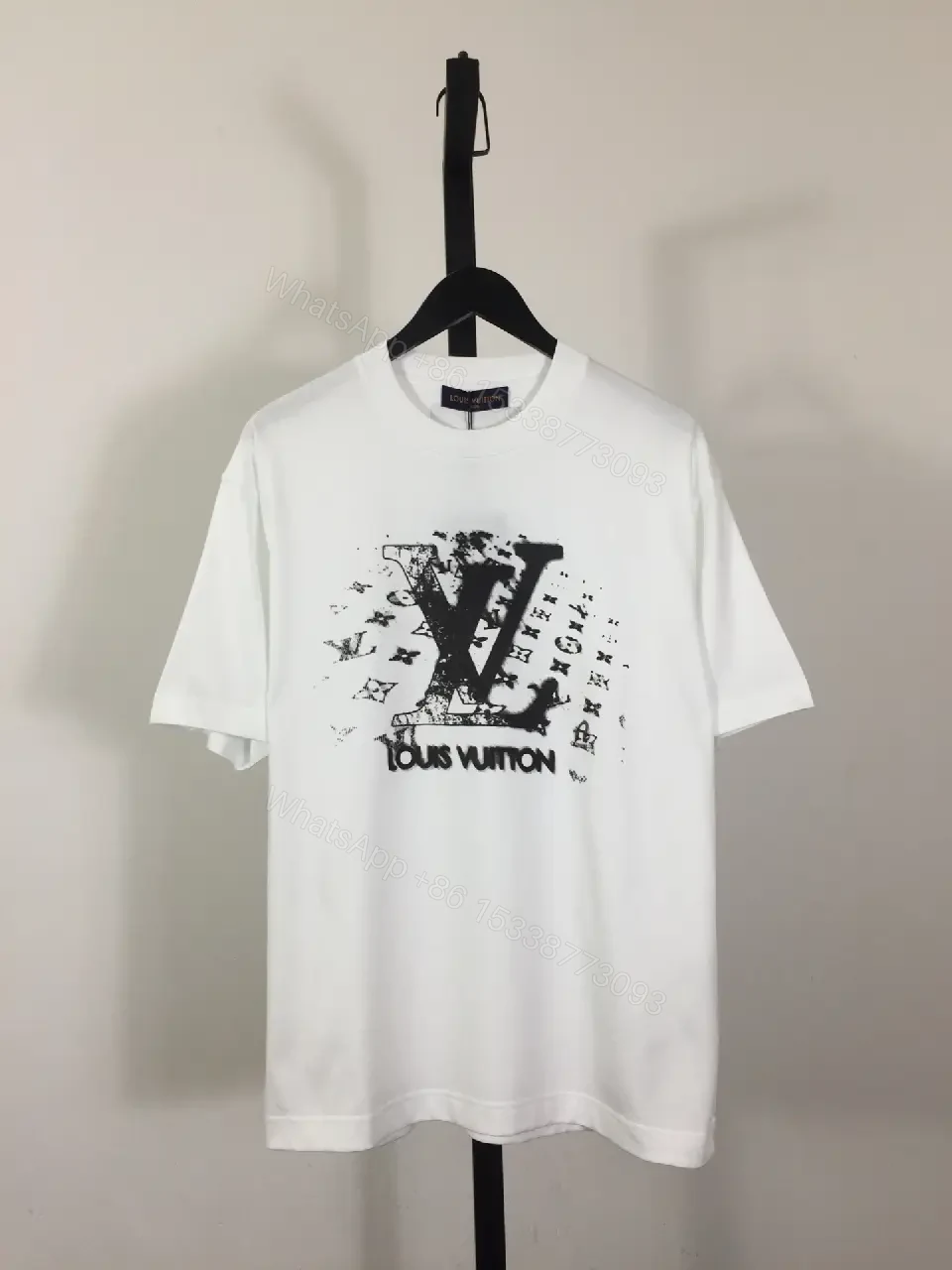 Graphic Tee: White, Cotton Blend, Oversized, LV Monogram Edge, Statement Tee — view 1