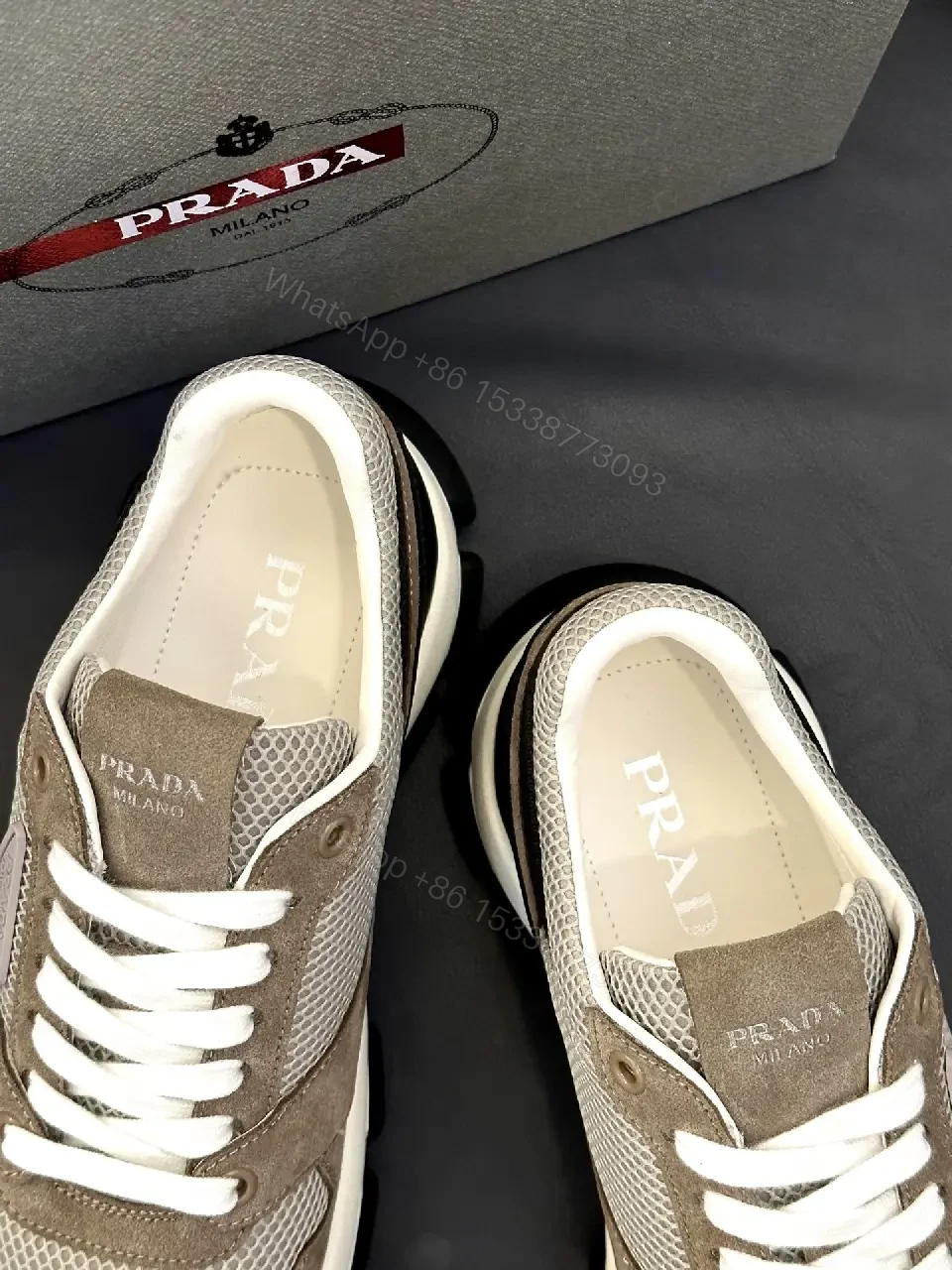 View 2 of Beige Mesh & Suede Sneakers, Chunky Sole, Prada Style