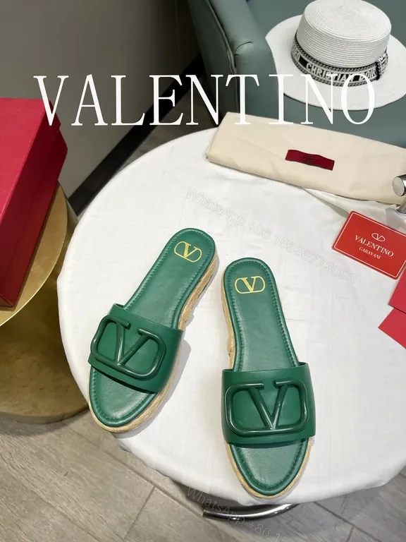 View 4 of Valentino Garavani Green Leather Slides with V Buckle