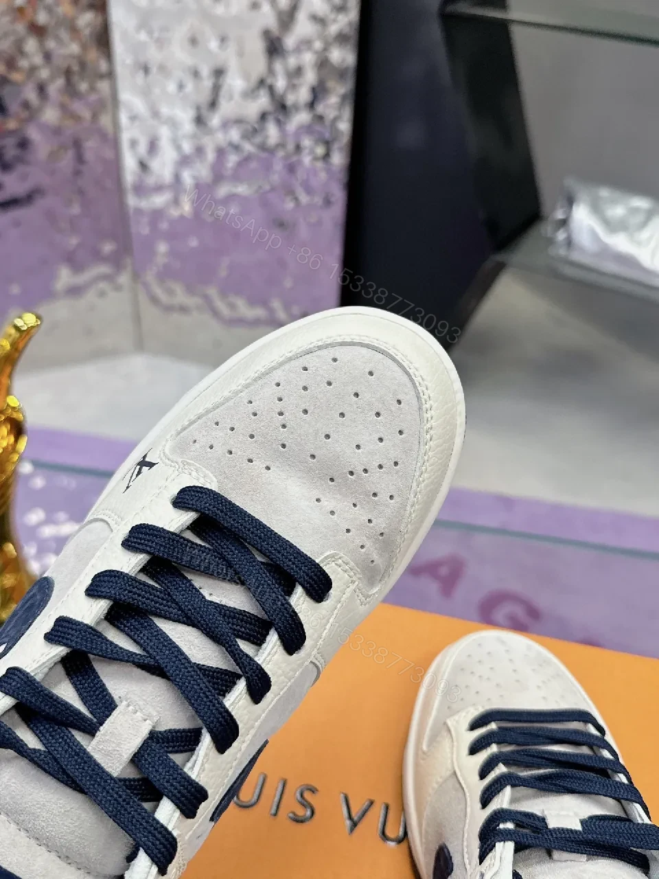 View 6 of White Leather Navy Accented Low-Top Sneakers: Premium Comfort, Subtle LV-Inspired Detailing