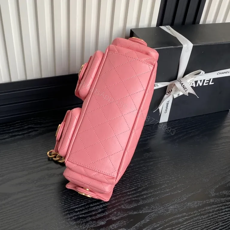 View 7 of Pink Quilted Leather Shoulder Bag with Gold Chain - Chic Luxury