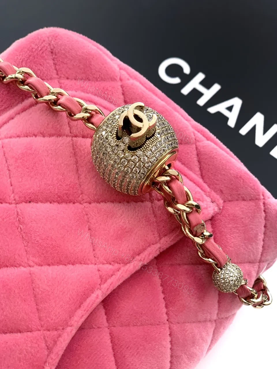 View 8 of Pink Velvet Quilted Flap Bag with Gold Hardware