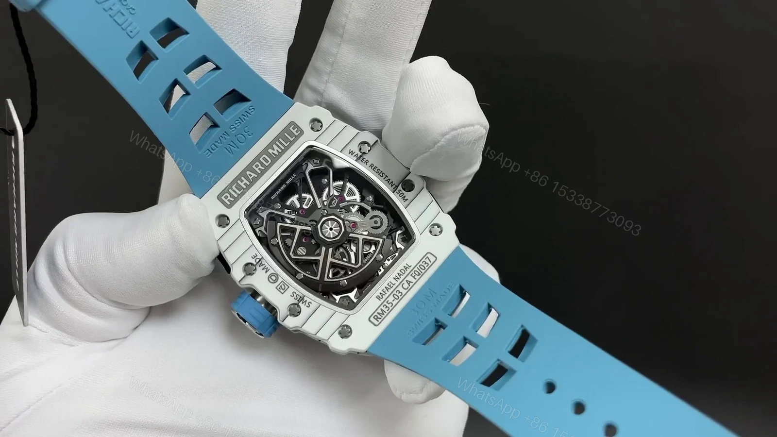 View 9 of Replica Richard Mille RM 35-03 Rafael Nadal White Carbon Fiber Case Blue Strap