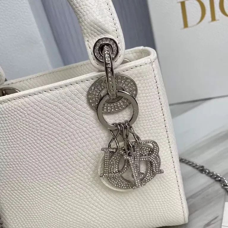 View 2 of Chic White Pebbled Leather Dior Lady Mini Bag - Versatile Luxury