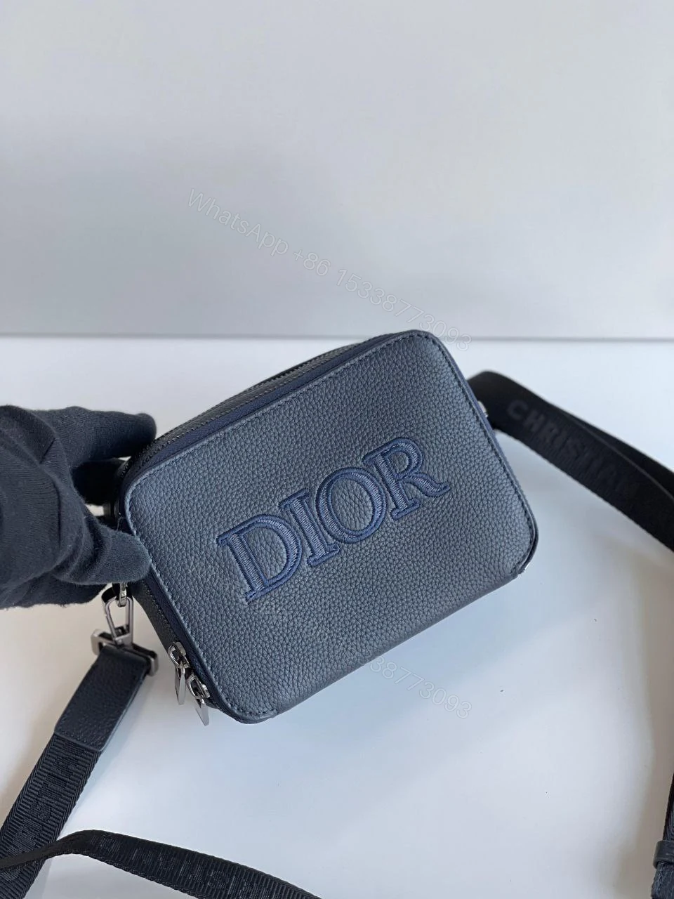 View 3 of DIOR Grained Calfskin Pouch Navy Blue with dual compartments