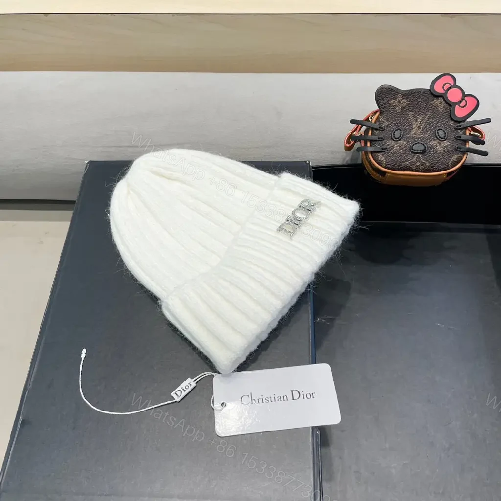 View 7 of White Knit Beanie with Dior Embellishment: Cozy Luxury