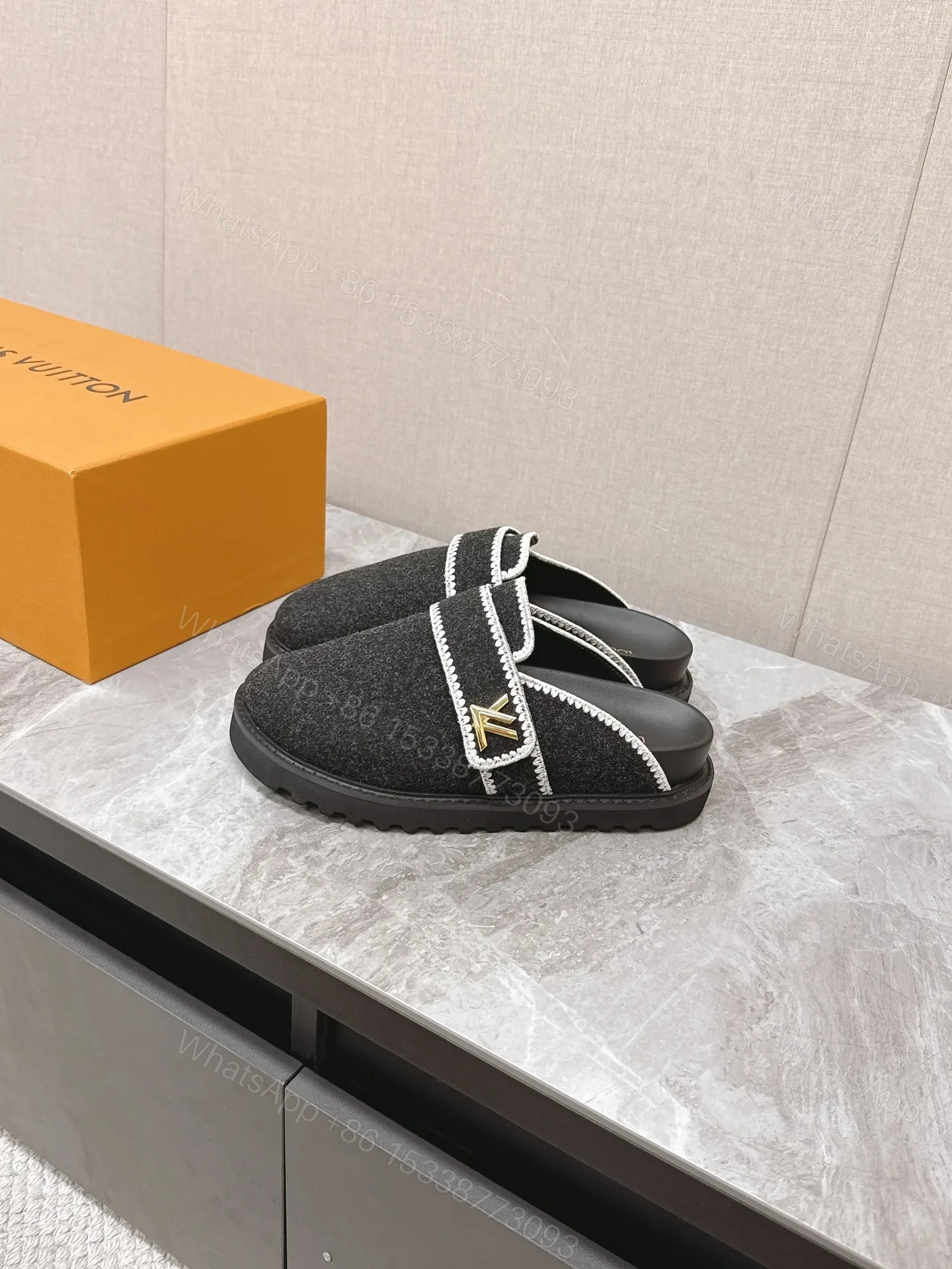 View 5 of LV Women Black Felt Leather Trim Mules