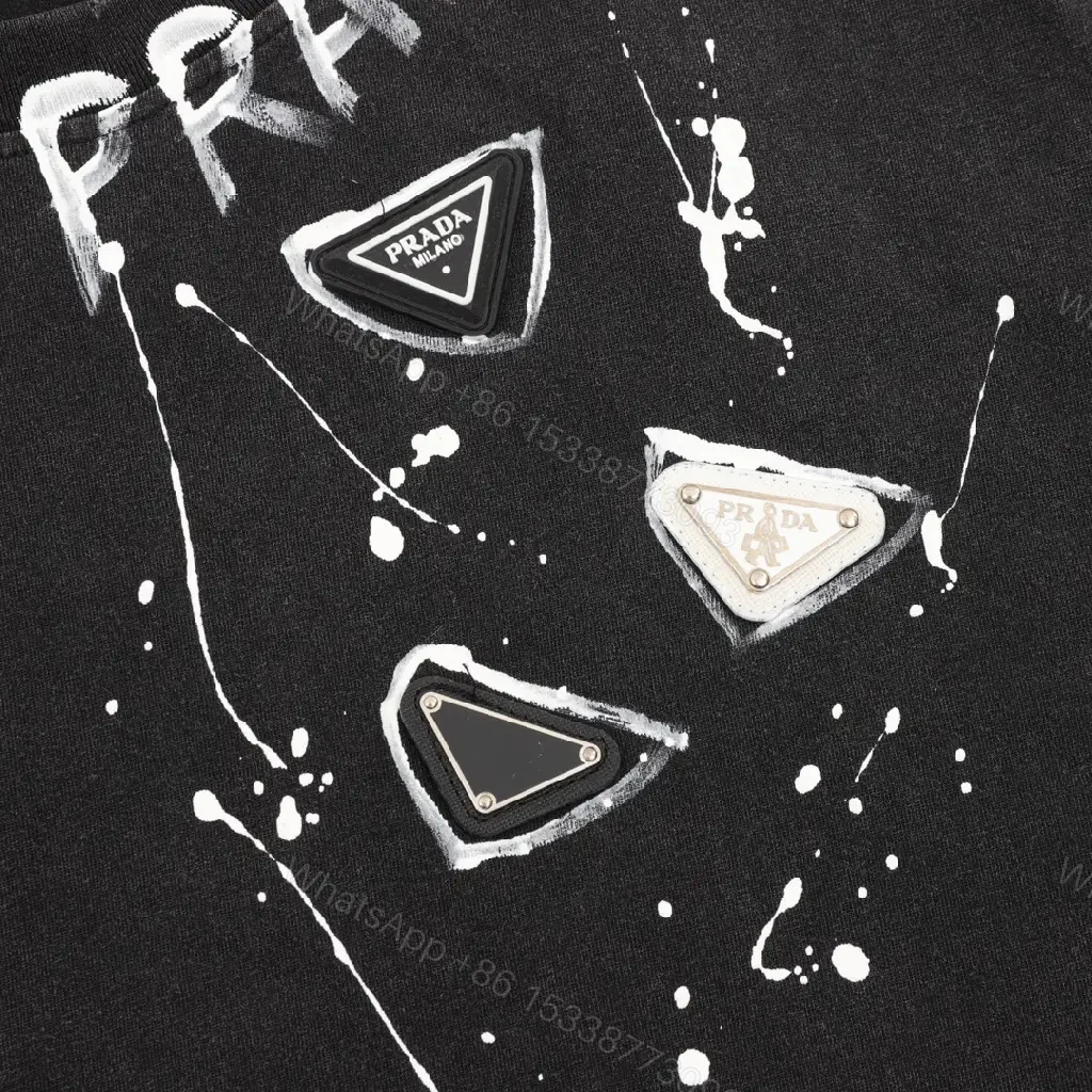 View 4 of Black Cotton Relaxed Crew Tee with White Graphic PRADA Accent