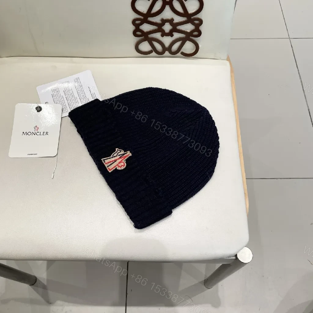 View 8 of Navy Knit Beanie + Lux Embroidered Moncler Emblem