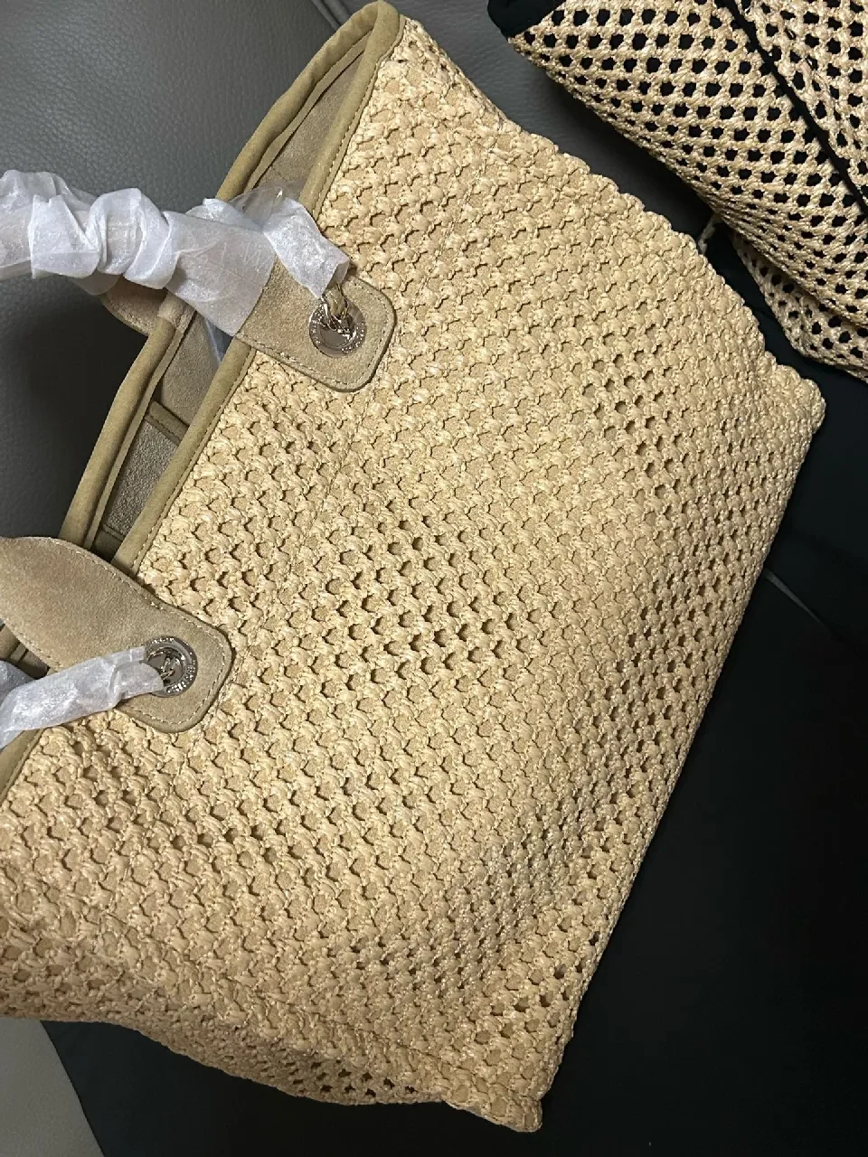 View 4 of Woven Tote with Sculpted Logo Detail + Top-Handle Carry
