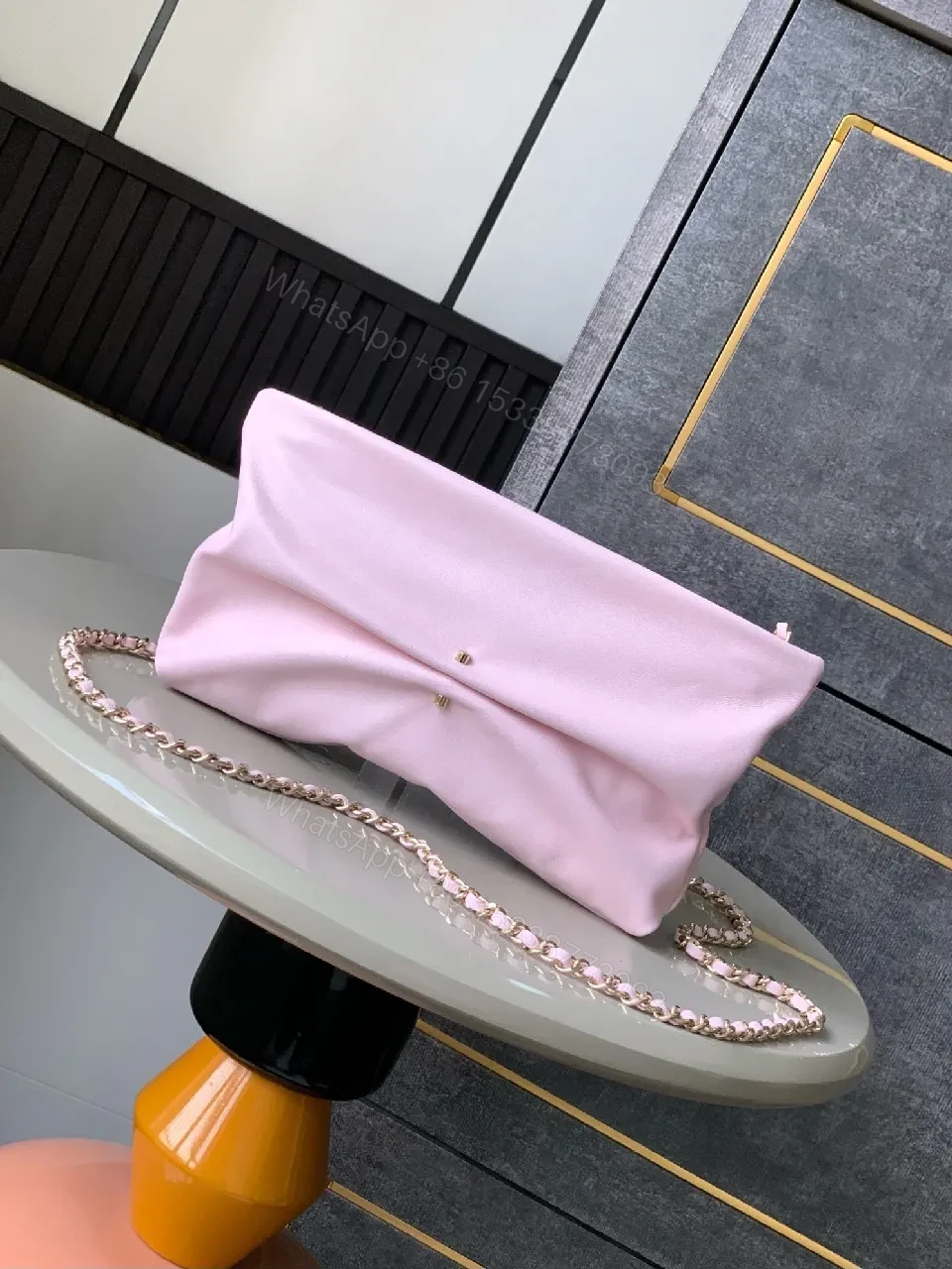 View 2 of Soft Pink Satin Tote – Gold Hardware, Chain Strap, Night-Day Glam