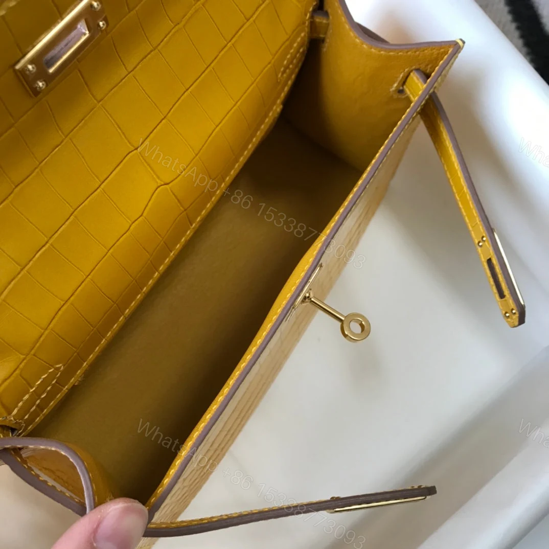 View 5 of H MINI KELLY POCHETTE CROCODILE GOLD TONED HARDWARE YELLOW 22CM
