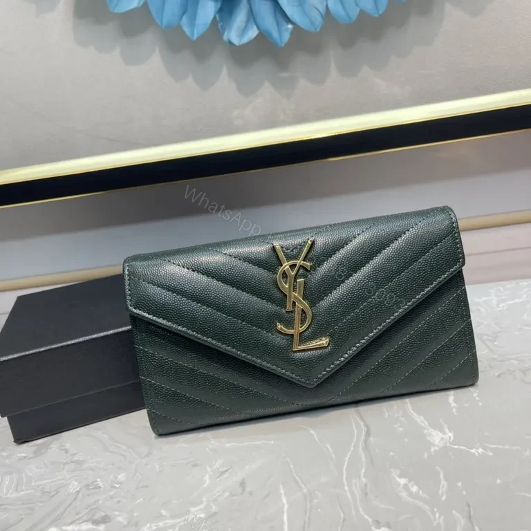 View 7 of Emerald Chevron Leather Wallet by YSL, Compact Luxury