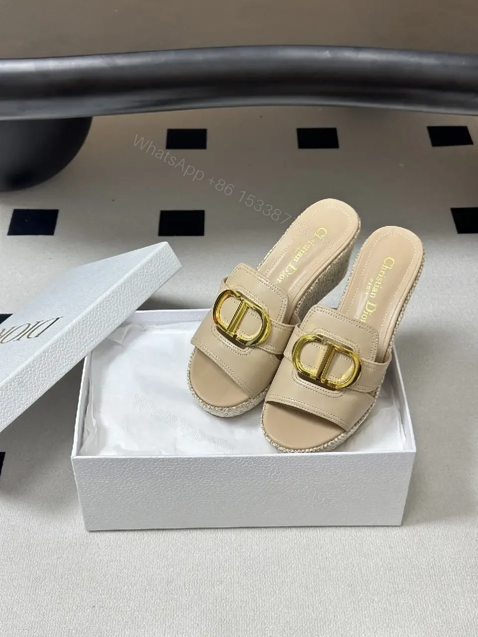 View 5 of Beige Leather Woven Wedge Sandals Dior-Style Gold Buckle Sandal