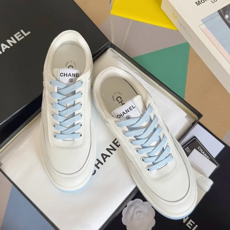 View 4 of Premium White Chanel-Style Leather Sneakers with Light Blue Laces