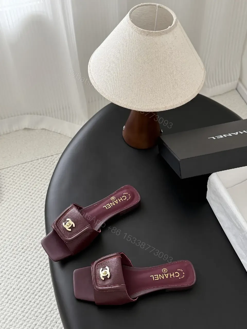 View 6 of Burgundy Leather Slides – Gold Logo Hardware, Premium Comfort