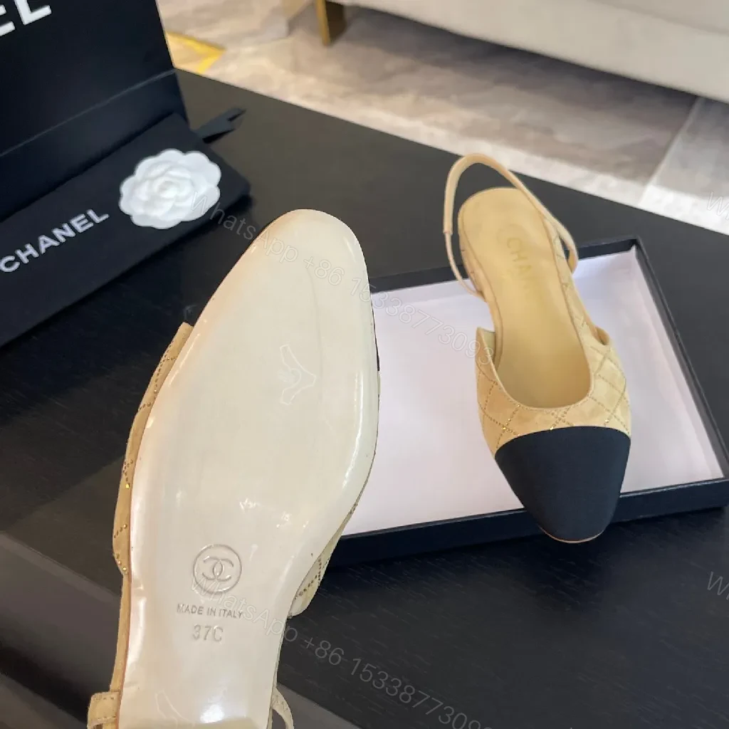 View 3 of Quilted Slingback Pumps: Tan & Navy Cap Toe, Heeled Comfort