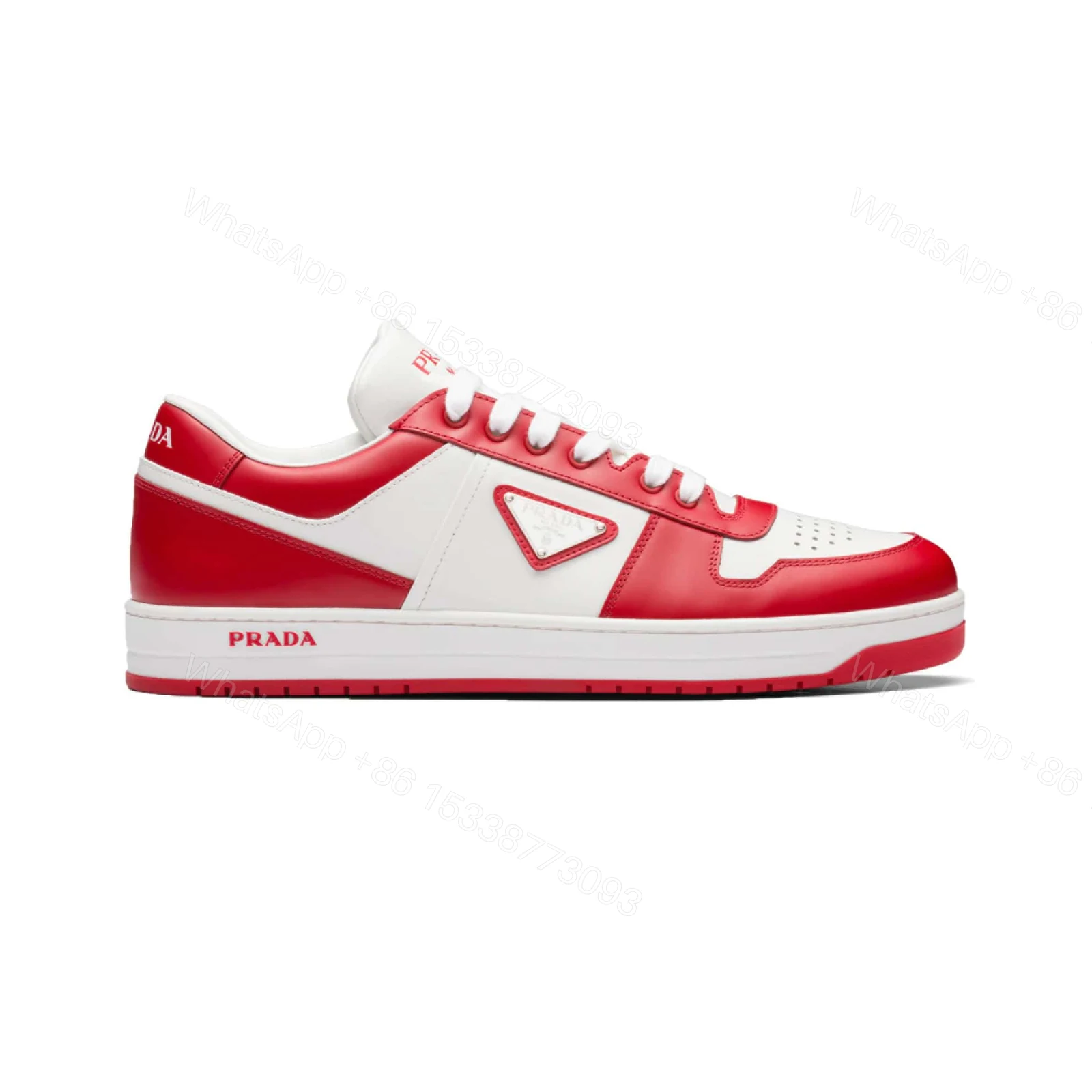 PRADA DOWNTOWN LEATHER SNEAKERS IN WHITE AND LACQUER RED- PRD012 — view 1