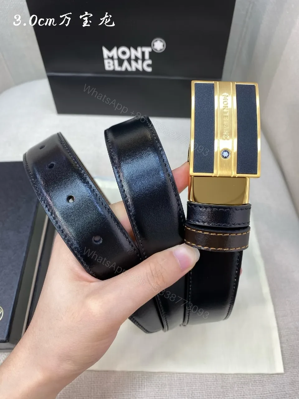 View 3 of Gold-Tone Buckle Leather Belt for Versatile Luxury Style