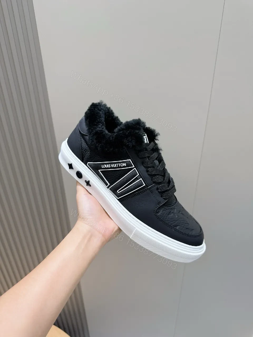 View 2 of Fur-Lined Black Leather High-Top Sneakers: Luxury Comfort