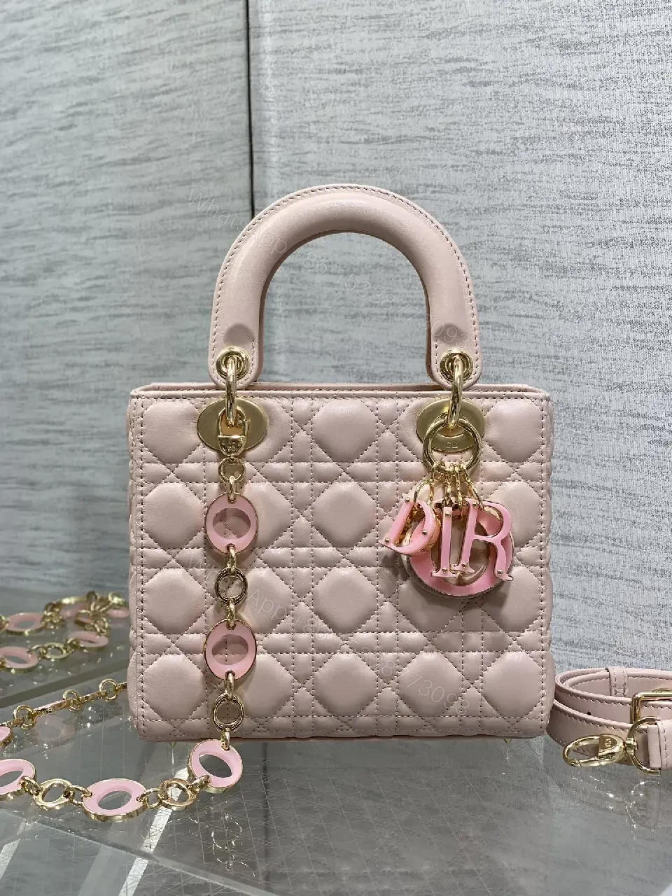 View 8 of Soft Pink Quilted Satchel - Mini Classic with Gold Charms