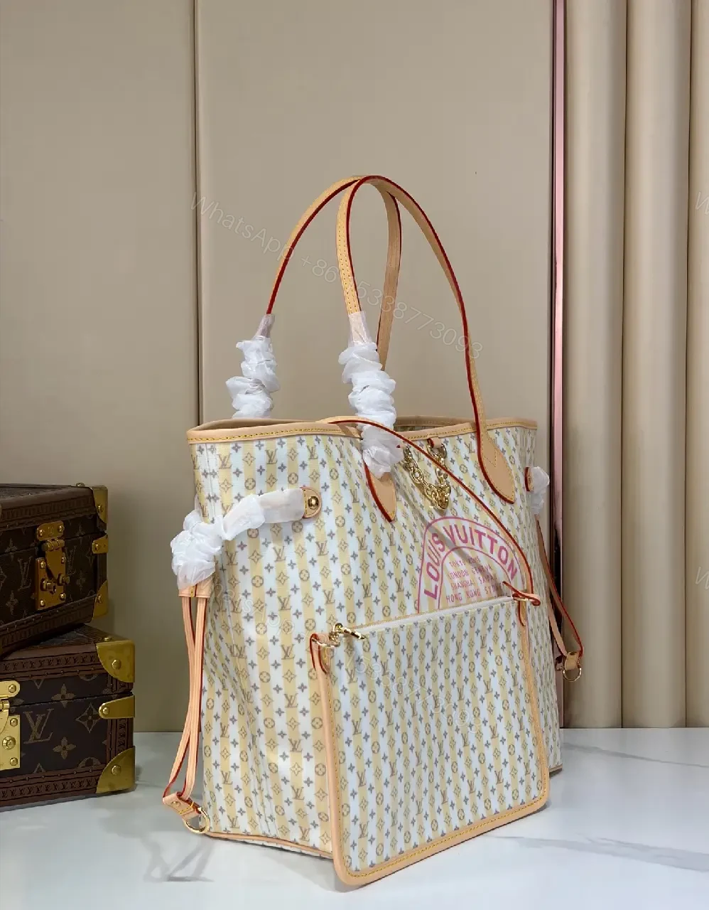View 2 of Off-White Monogram Tote Pouch Set with Tan Leather Trim