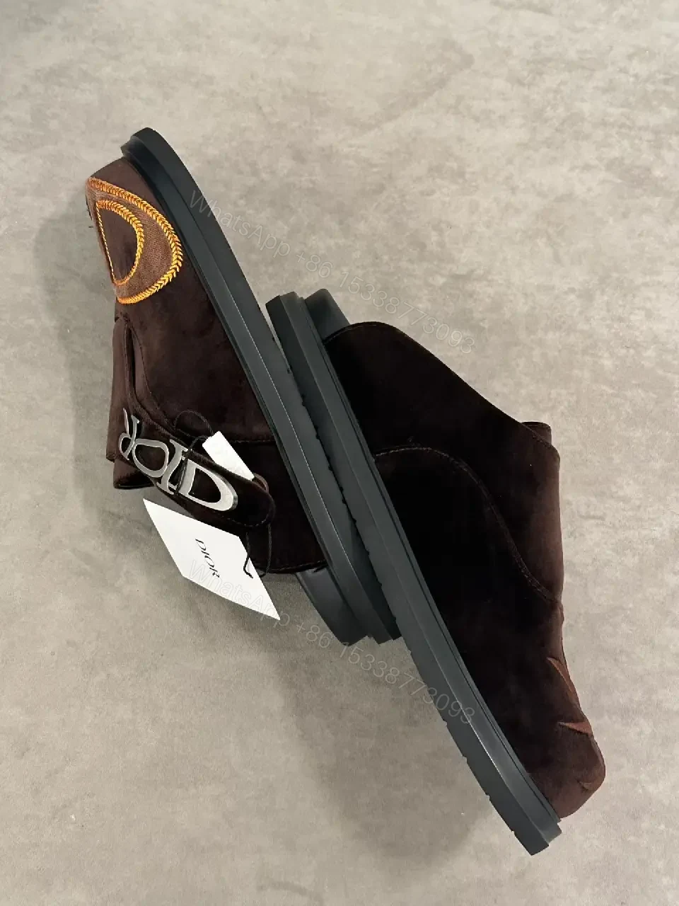 View 3 of Brown Suede Leather Slippers Quilted Logo Dior Slide