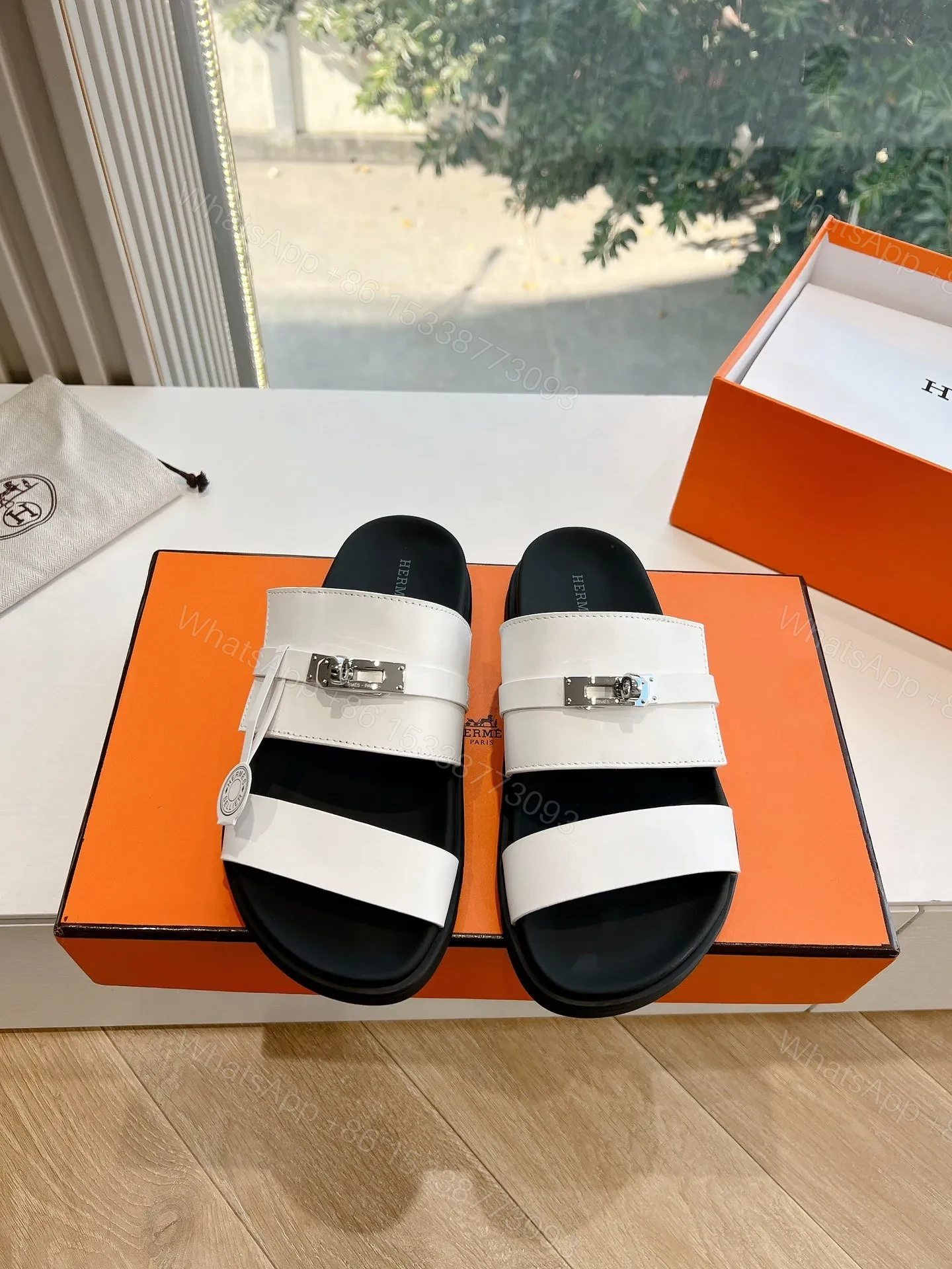 View 5 of Hermes Women White Leather Straps Flat Sandals