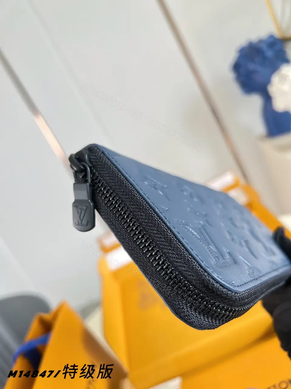 View 7 of Blue Embossed Leather Minimalist Zip Wallet with LV Pattern