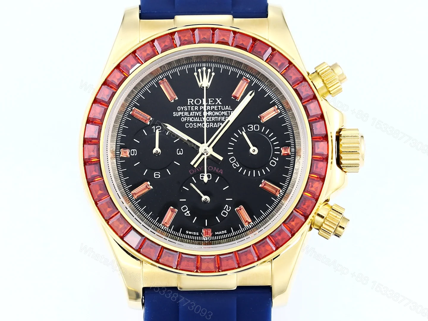 View 4 of Rolex Daytona Ruby Blue Strap Replica 43MM Exclusive Gold Case Edition RG-ROLEX-DAYTONA-RUBY-BLUE-43