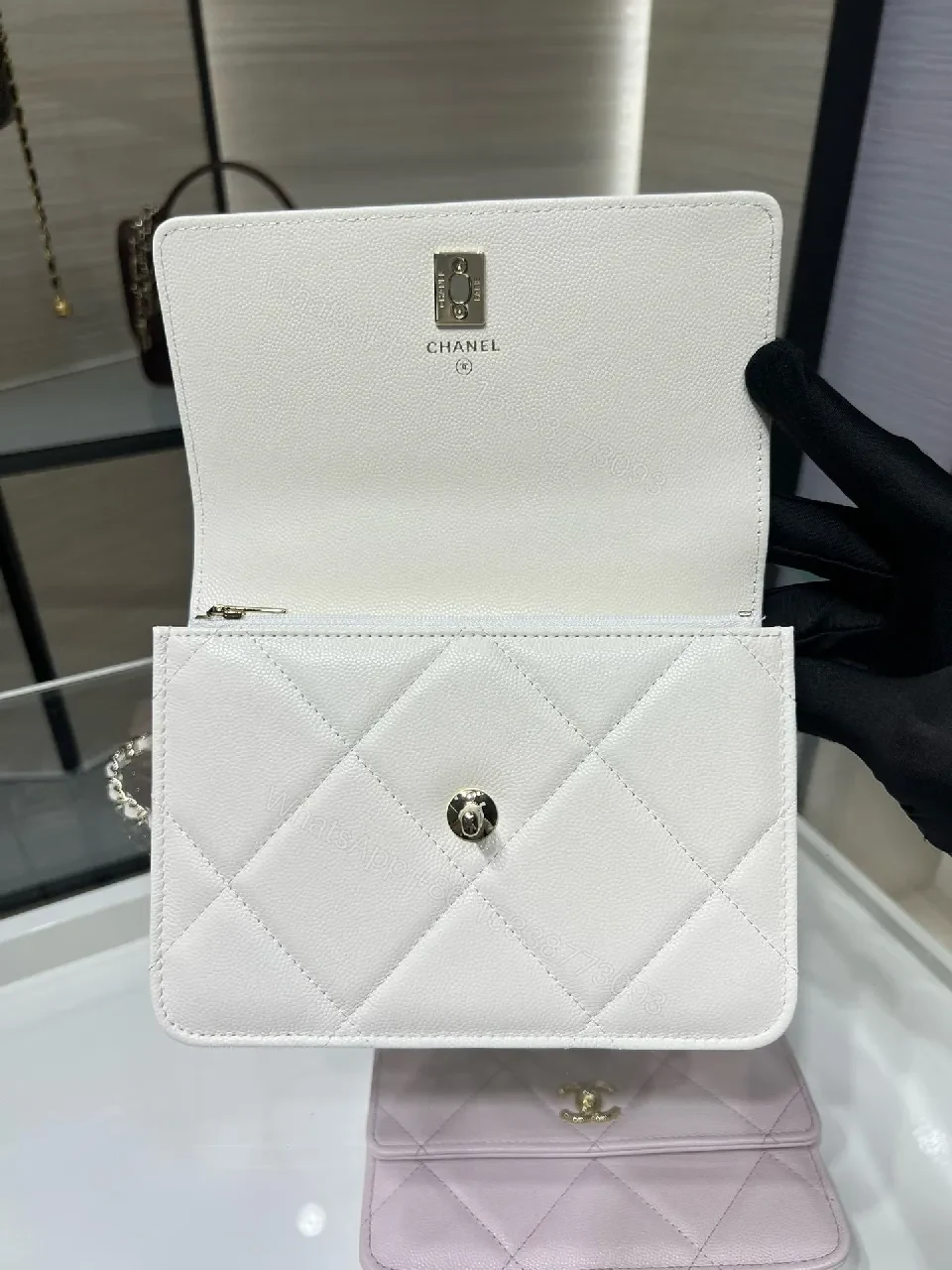 View 8 of White Quilted Mini Bag: Gold Logo, Structured Luxury, Compact