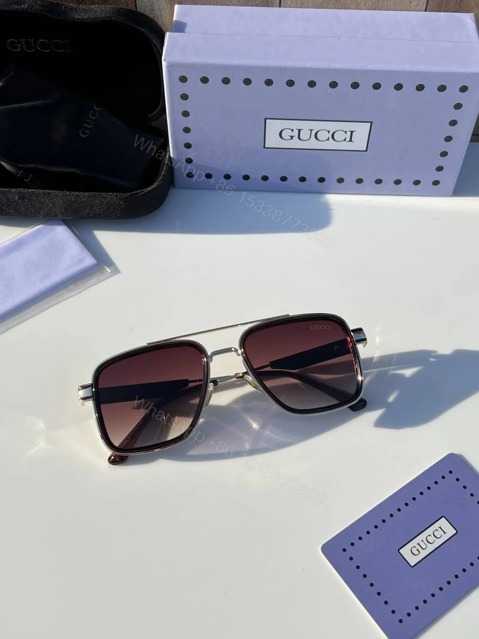 View 2 of First Copy Gucci Navigator Sunglasses Silver Frame Gradient Brown Lens