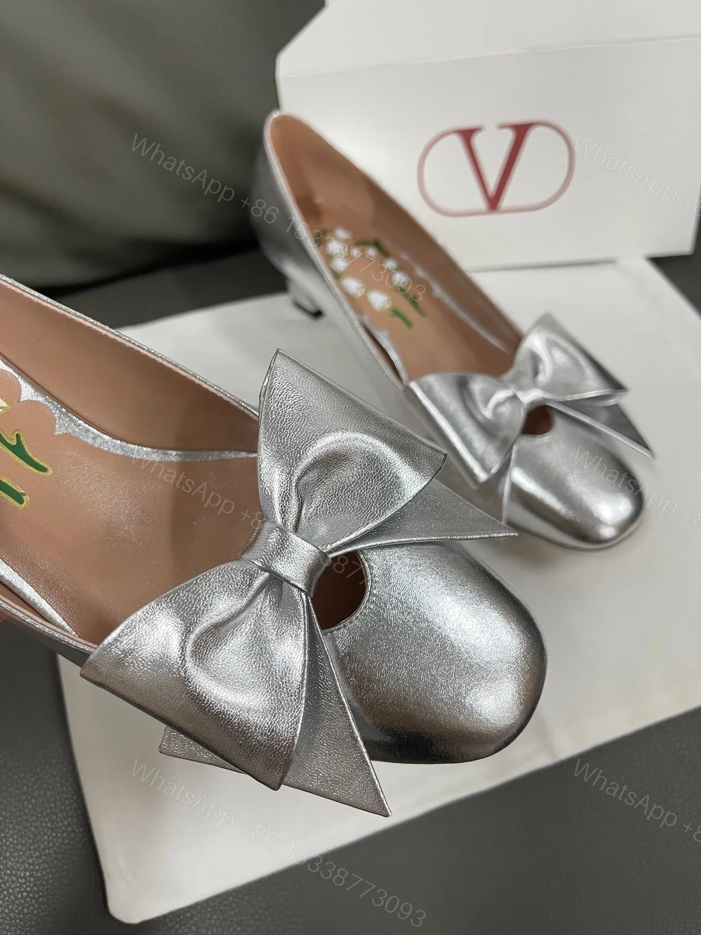 View 2 of Valentino Women Silver Leather Bow Detail Flats