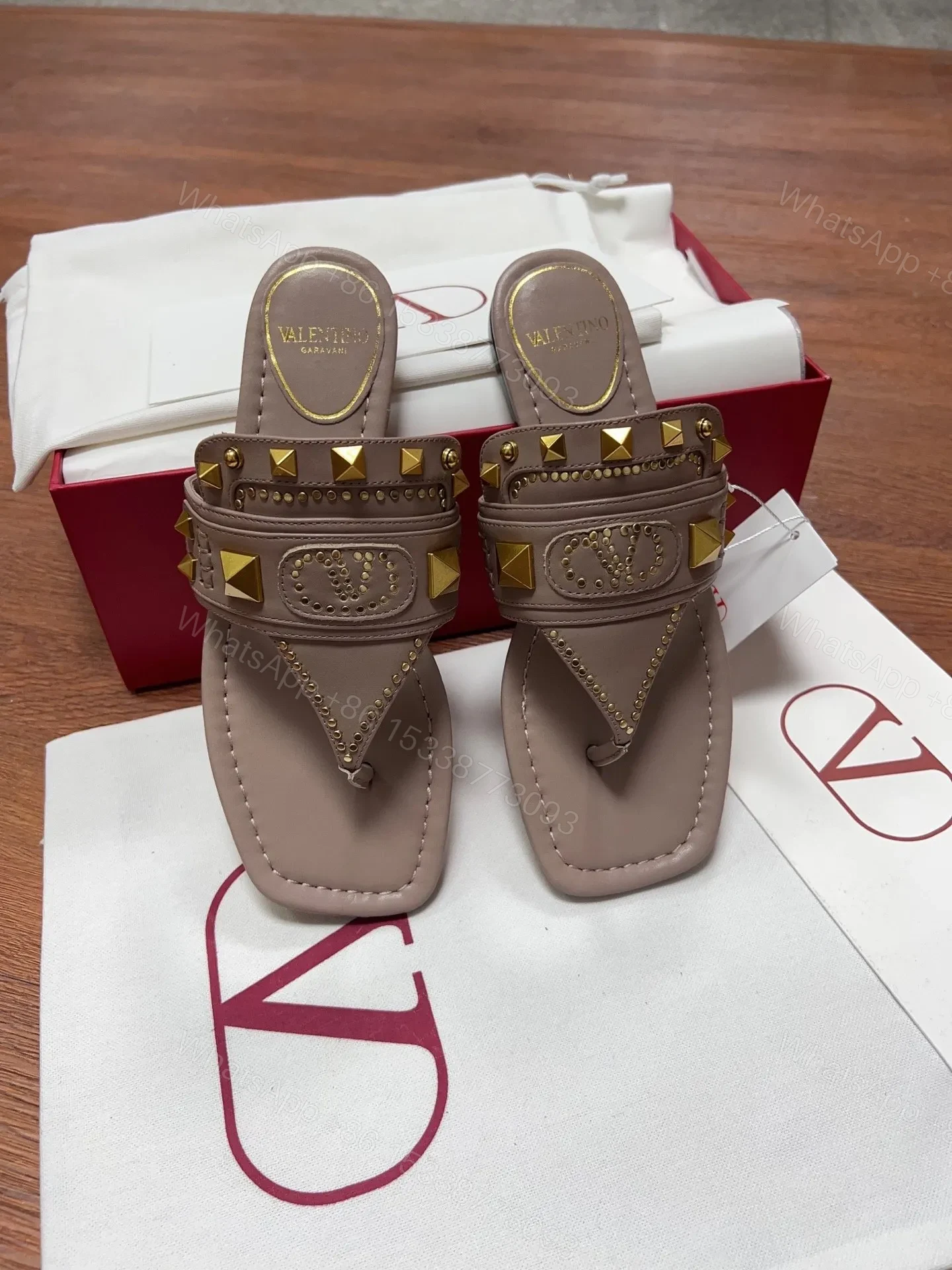 View 2 of Valentino Women Taupe Leather Studded Sandals