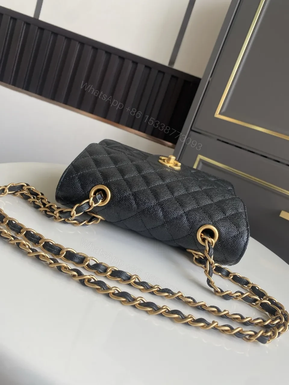 View 7 of Black Quilted Flap Bag with Gold Chain - Timeless Luxe Signature