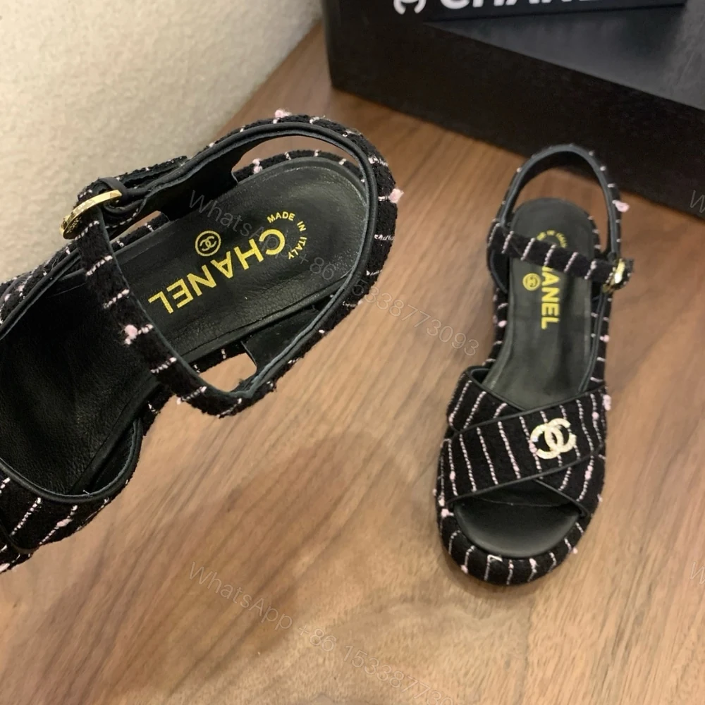 View 5 of CHANEL COTTON TWEED CC PLATFORM SANDALS BLACK WHITE