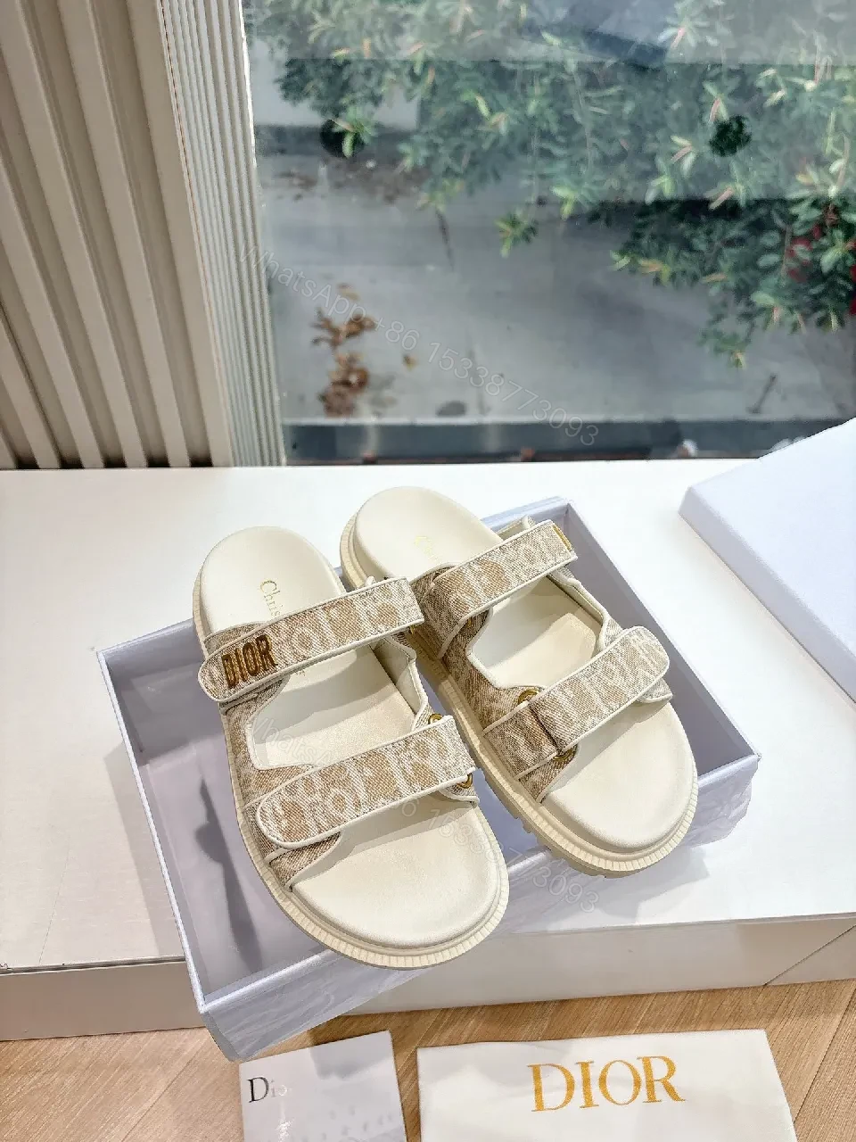 Beige Monogram Strapped Slides: Elevated Comfort — view 1