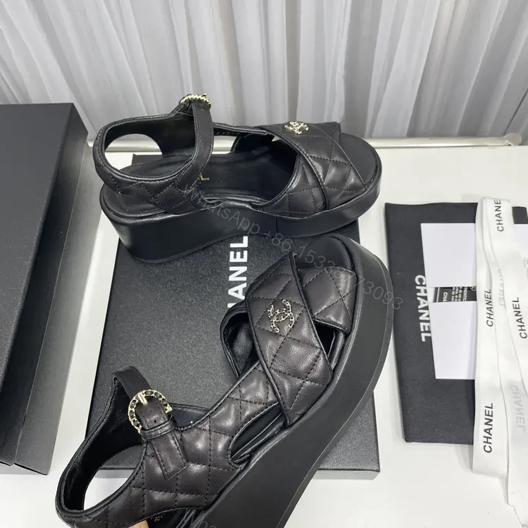 View 5 of Chanel-Inspired Quilted Platform Sandals â€“ Black, Gold Hardware
