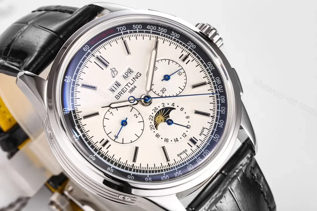 View 3 of V9 Factory Breitling Premier Series White Dial Black Leather Strap Chronograph Watch
