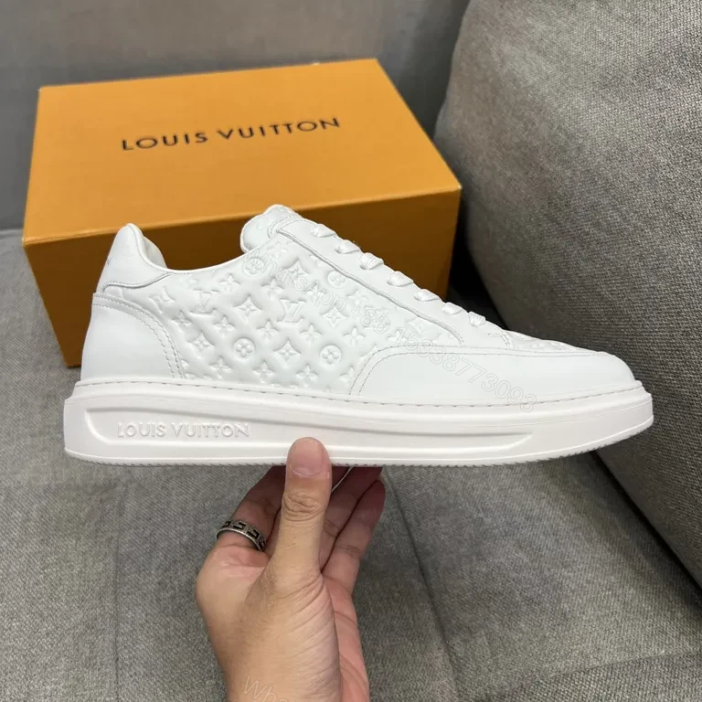 View 9 of White Leather Sneakers with Gold LV Accent, Luxe Everyday