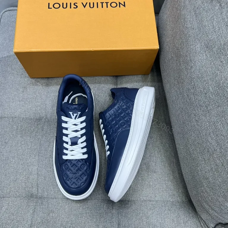 View 5 of Navy Leather LV-Patterned Low-Top Sneakers â€” Modern Luxury