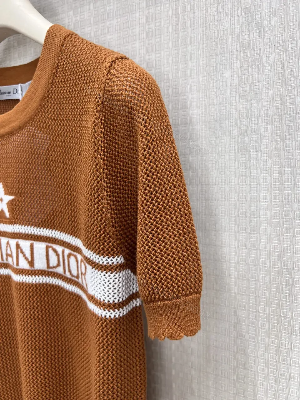 View 4 of Warm Brown Knit Top with White CH RISTIAN DIOR Band, Star, Open Weave Short Sleeve