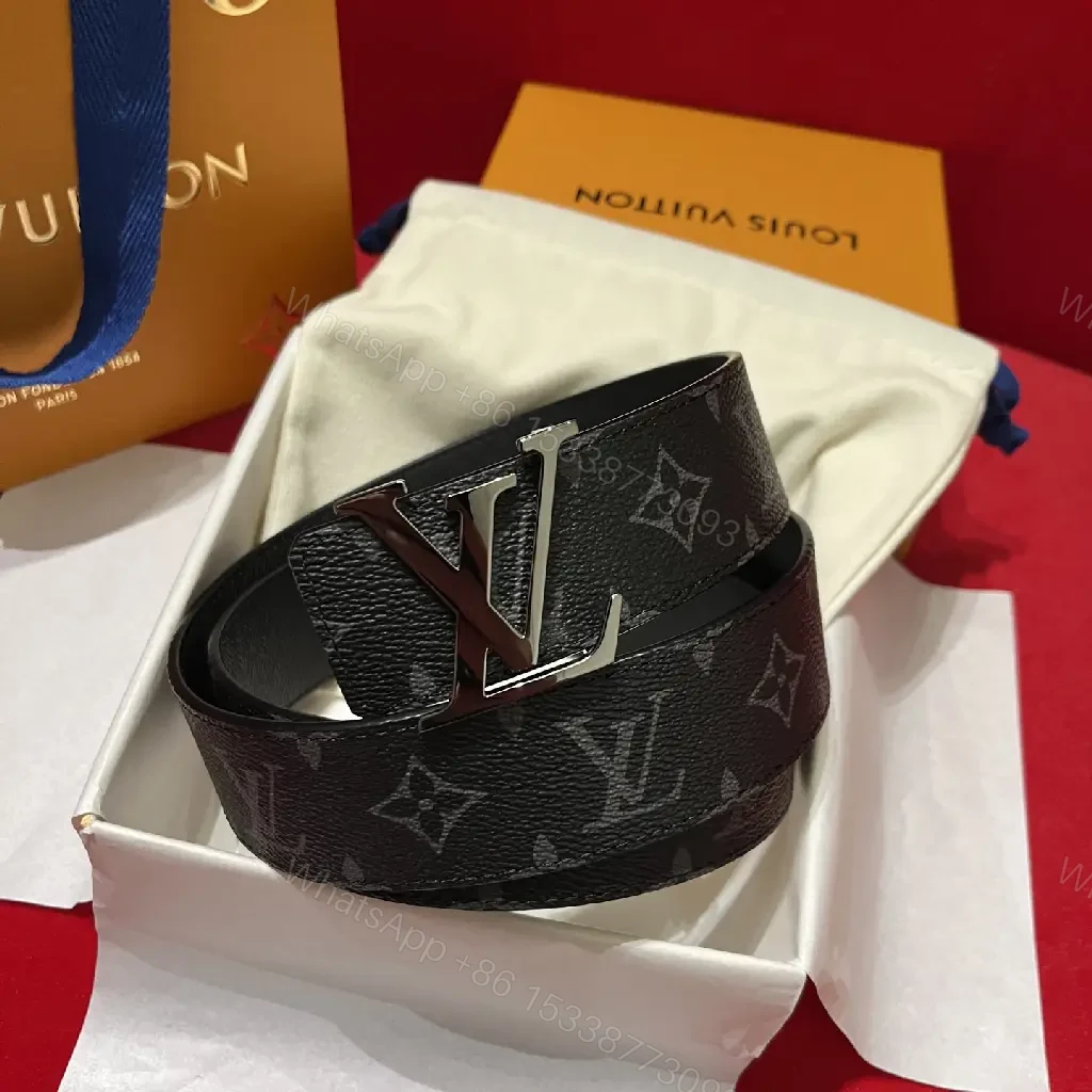 View 3 of Black Leather Modern Luxury Belt with LV Buckle Signature Pattern