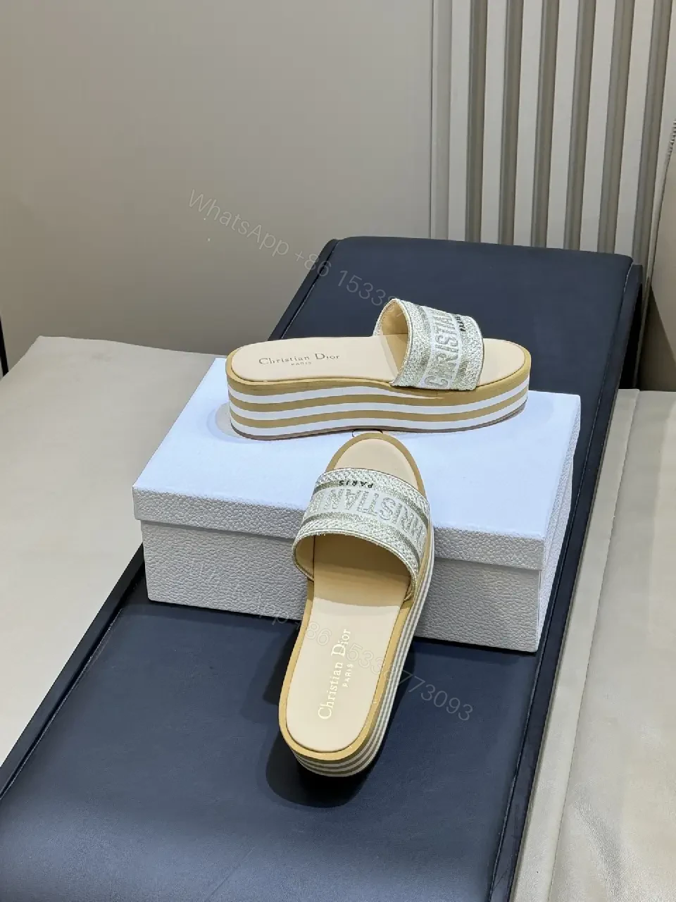 View 5 of Textured Dior-Inspired Knit Slide with Logo Strap